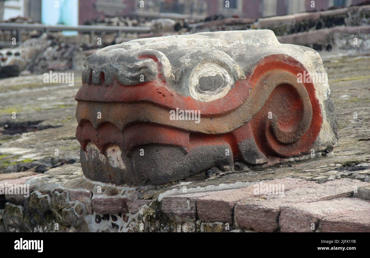 Grand temple d'Aztec, Templo Maire (Grand Temple) de la Mexica (Aztèques), Mexico. Détruit par Hernan Cortez en 1521 et redécouvert en 1978. Mexique Banque D'Images