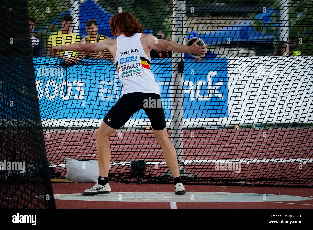 Belge Ides Verhulst photographié en action lors de l'événement de projection de discus, au deuxième jour des Championnats européens d'athlétisme U18, mardi 05 juillet 2022 à Jérusalem, Israël. BELGA PHOTO COEN SCHILDERMAN Banque D'Images