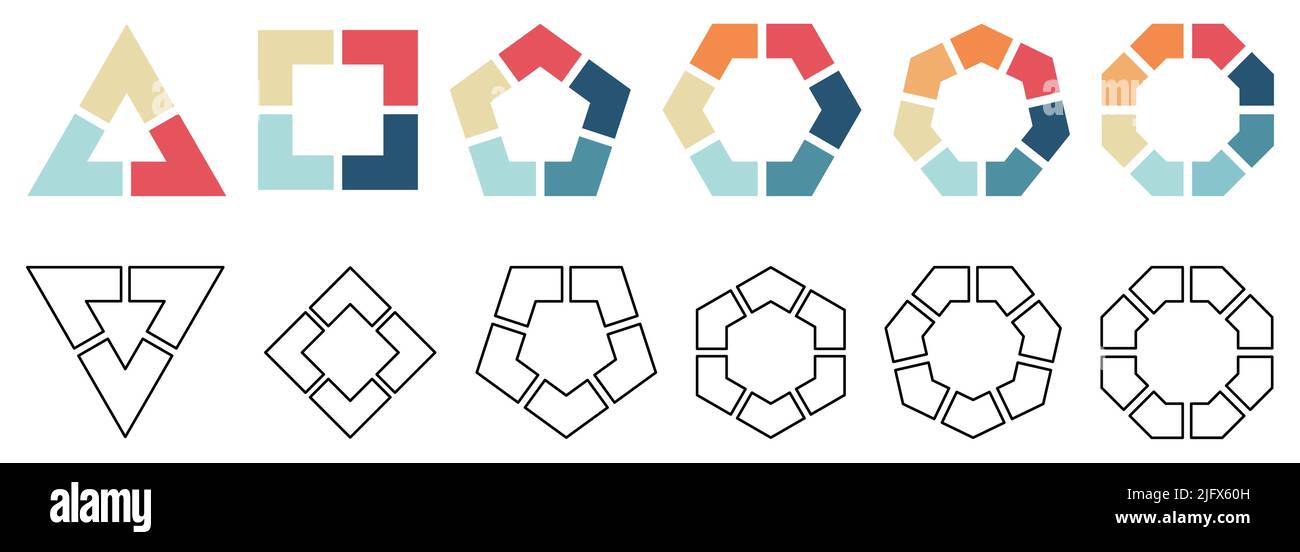 Polygones divisés en parties égales, espace vide au milieu. Version avec trois à huit segments, noir blanc et couleur, élément infographique simple Illustration de Vecteur