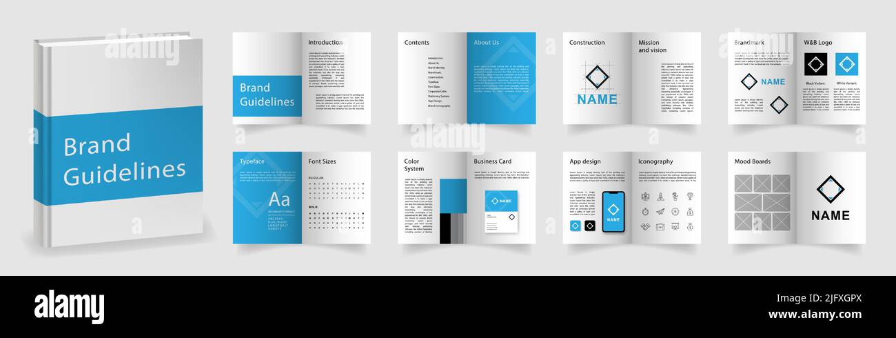 Modèle de directives de la marque bleu clair. Présentation du manuel de la marque en taille A4. Maquette de ligne directrice du logo. Mise en page du guide du logo Illustration de Vecteur