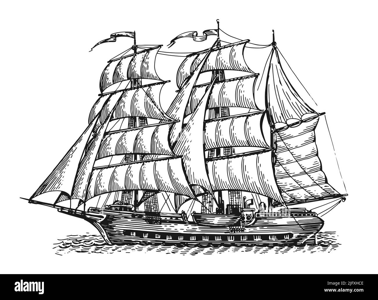 Ancien voilier vintage sur le dessin des vagues. Transport maritime avec voiles isolées sur fond blanc en style gravure Illustration de Vecteur