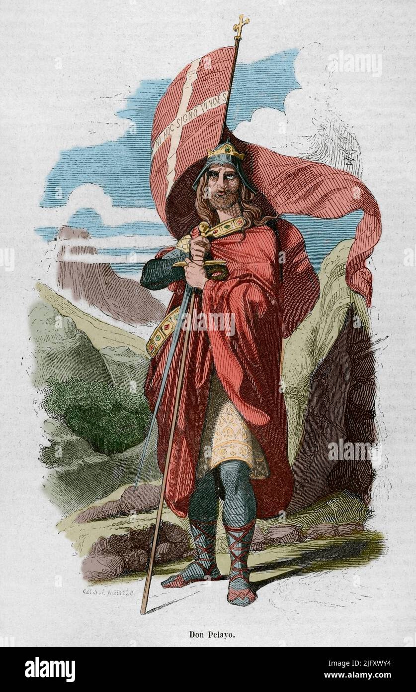 Pelagius des Asturies (c. 685-737). Visigoth noble, chef de la rébellion des Asturies (718-737) contre le pouvoir musulman et vainqueur de la bataille de Covadonga. Premier monarque du Royaume des Asturies. Gravure après une copie de Madrazo. Coloration ultérieure. Historia général de España par le Père Mariana. Madrid, 1852. Banque D'Images