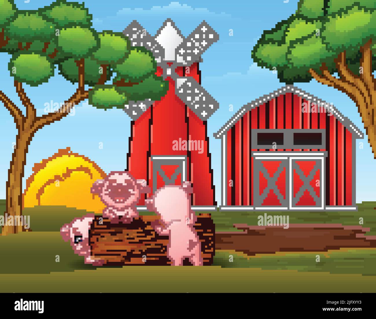 Joyeux trois petits cochons jouant des billes dans la ferme Illustration de Vecteur