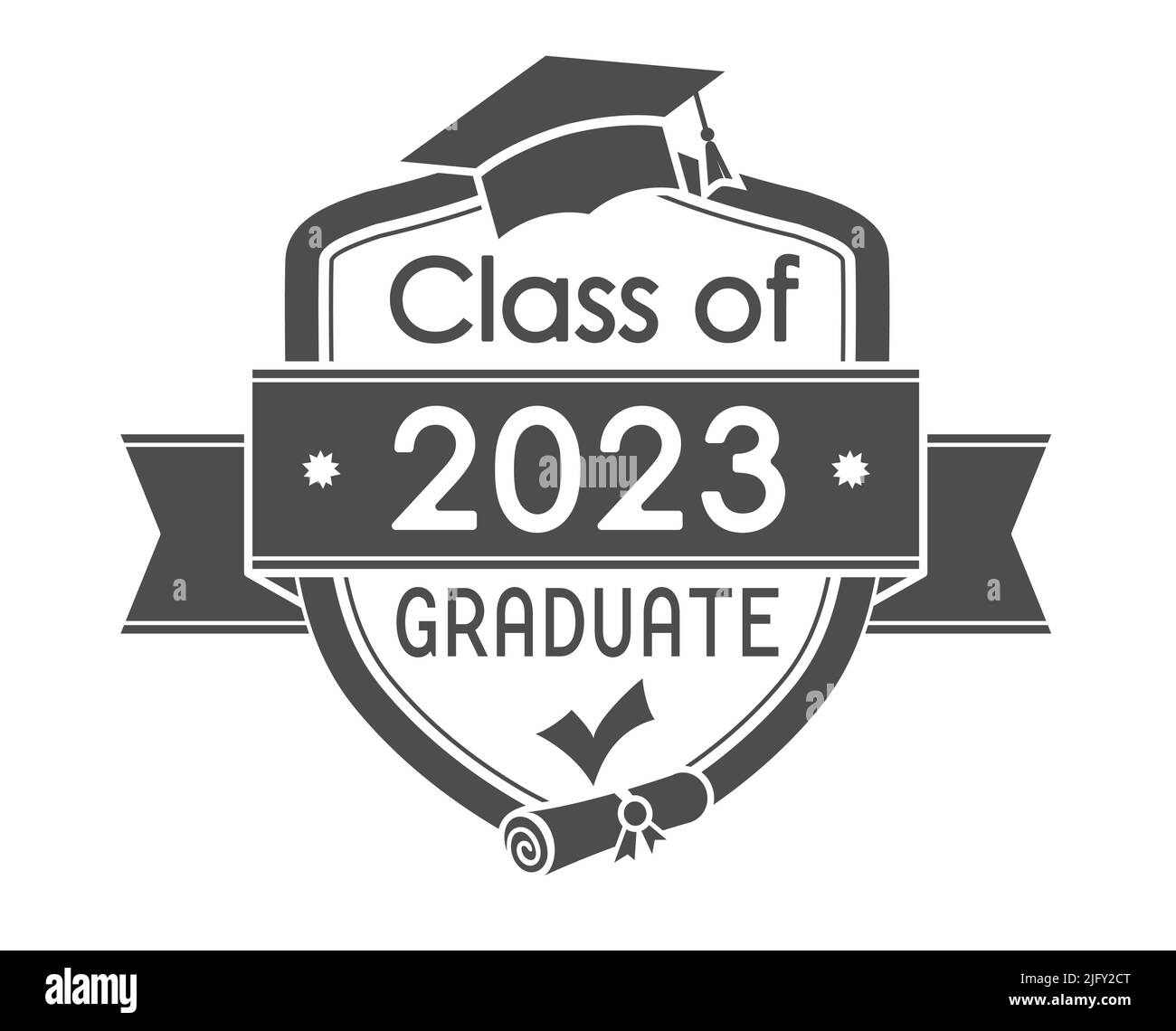 Classe de 2023. L'emblème du diplômé avec une casquette et un rouleau. Illustration vectorielle pour diplôme, certificat, conception thématique et créative Illustration de Vecteur