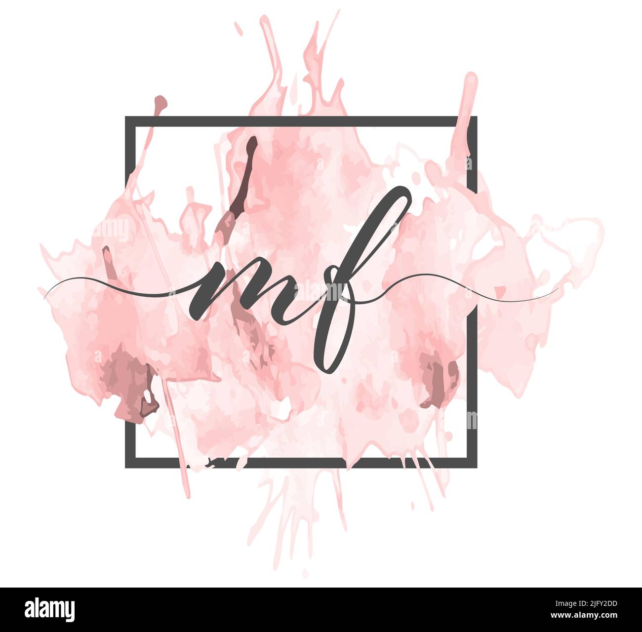 Les lettres minuscules calligraphiques M et F sont écrites en ligne continue sur un arrière-plan coloré dans un cadre Illustration de Vecteur