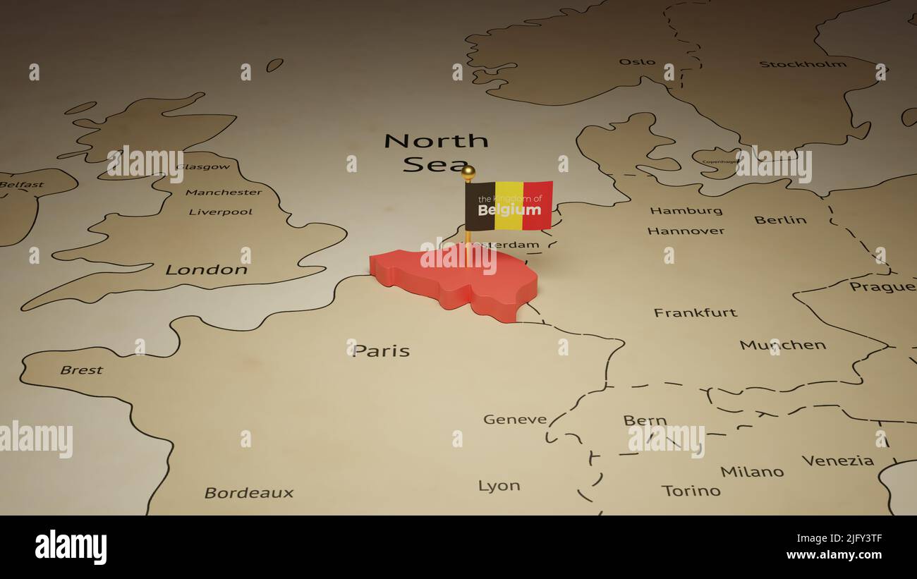 3D illustration de la carte isométrique de la Belgique avec drapeau et carte de pays. Banque D'Images
