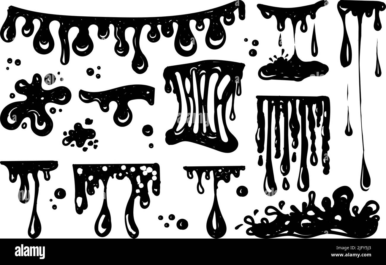 Un ensemble pour travailler avec des blobs. Éléments dessinés de style Doodle. Éclaboussures noires de chaux, de chaux qui s'étire, de chaux qui s'égoutte toxique. Éclaboussures et gouttelettes de chaux Illustration de Vecteur
