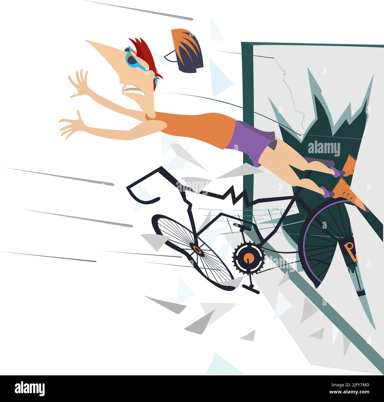 Illustration cycliste, vélo et fenêtre cassée. Le cycliste et le vélo sortent de la fenêtre cassée isolée sur blanc Illustration de Vecteur