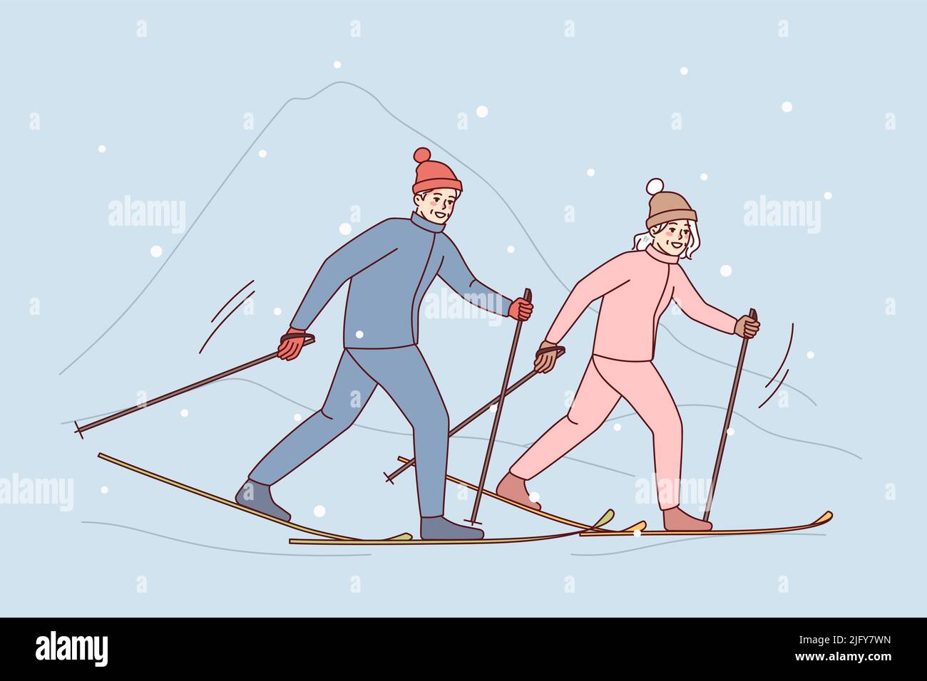 Couple heureux en ski d'extérieur en montagne. Homme et femme Profitez de vacances d'hiver avec des activités sportives. Illustration vectorielle. Illustration de Vecteur