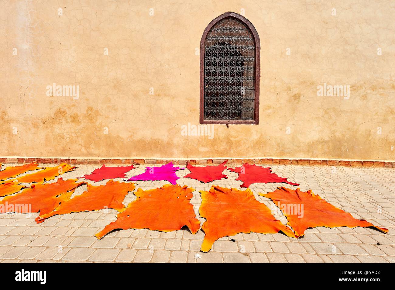 Maroc Marrakech. Séchage du cuir teint au soleil Banque D'Images