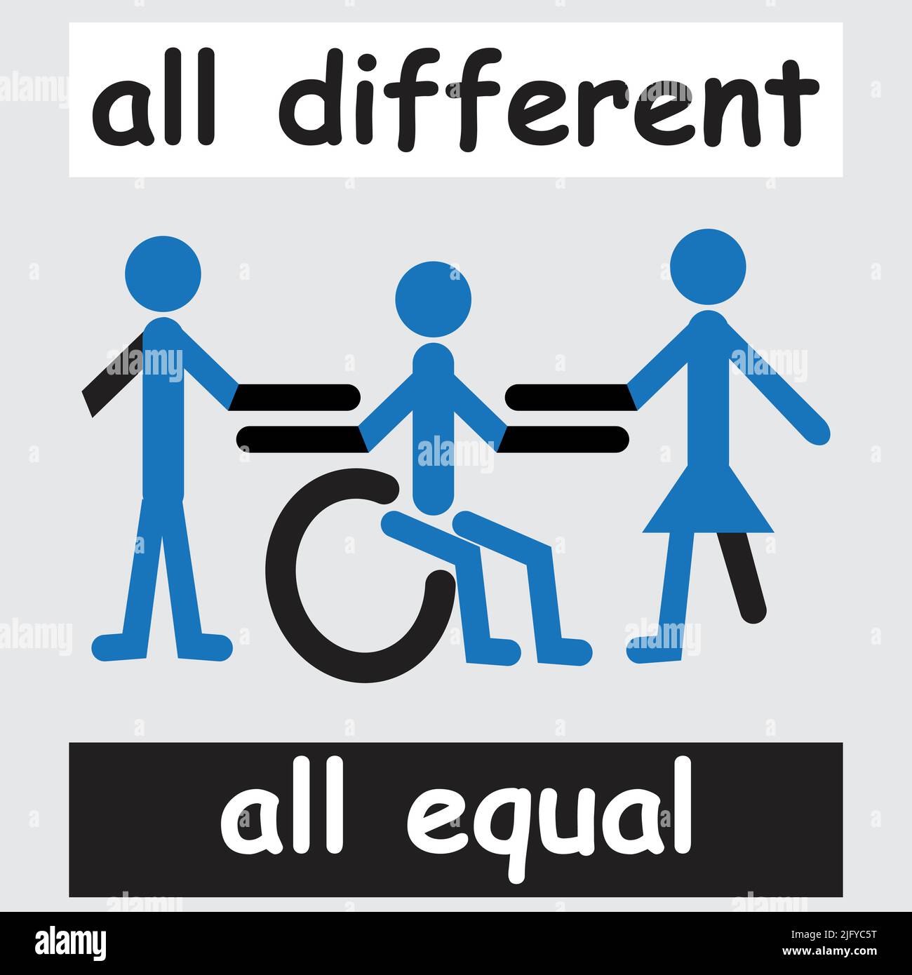 Les personnes ayant des handicaps différents et le texte tous différents sont égaux Illustration de Vecteur