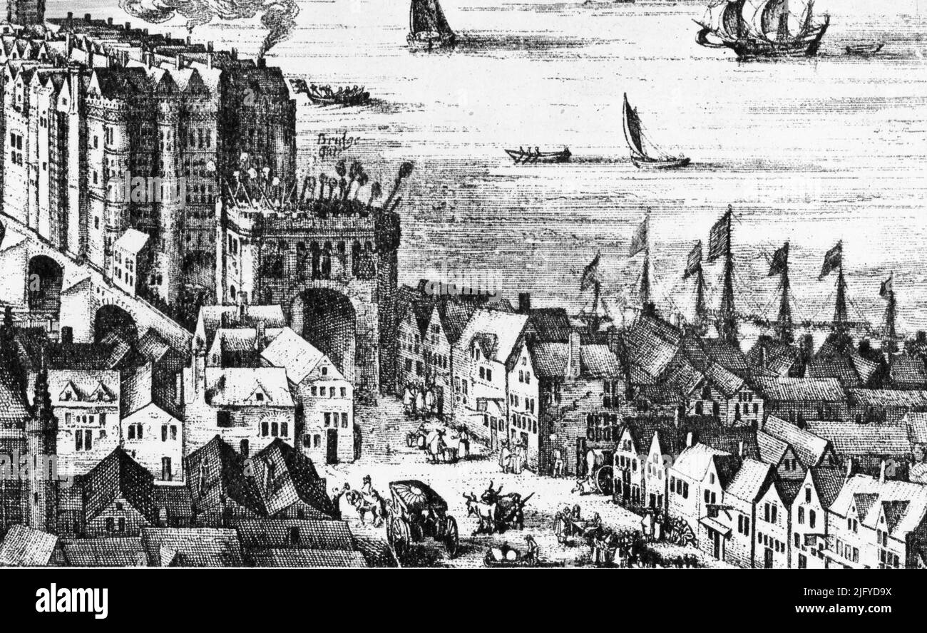 Le Southwark End du vieux London Bridge, 1616. Un détail du panorama de Visscher. Par Claes Janszoon Visscher (1587-1652). Le panorama complet montre une vue imaginée de Londres vers 1600. La gravure a été publiée pour la première fois à Amsterdam en 1616, avec le titre 'Londinum Florentissima Britanniae Urbs Toto Orbe Celeberrimum Emporiumque'. Banque D'Images
