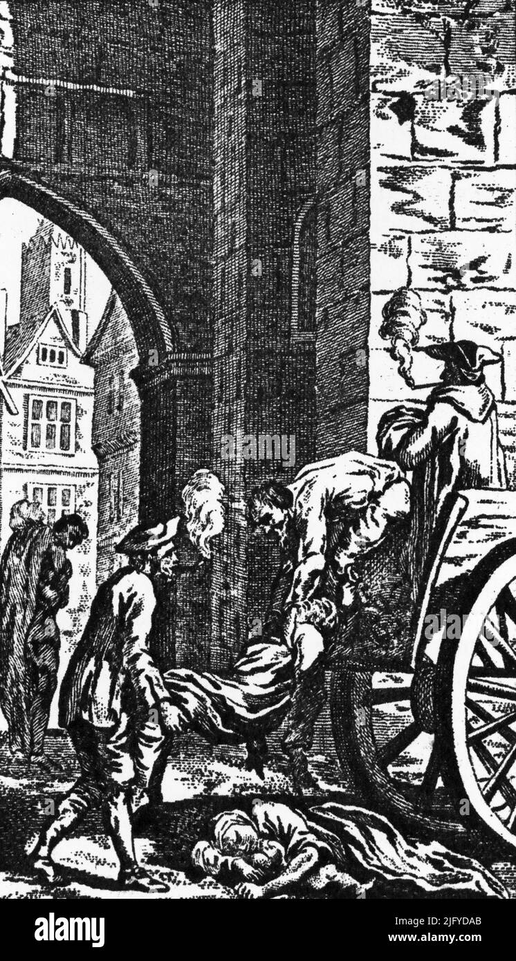 La Grande peste. La collecte des morts pour l'enterrement pendant la Grande peste. Par N. Sherlock, après Samuel Wale (c1721-1786). La Grande peste de Londres, qui a duré de 1665 à 1666, a été la dernière épidémie majeure de peste bubonique en Angleterre. La Grande peste a tué environ 100 000 personnes, soit près d'un quart de la population de Londres, en 18 mois. Banque D'Images