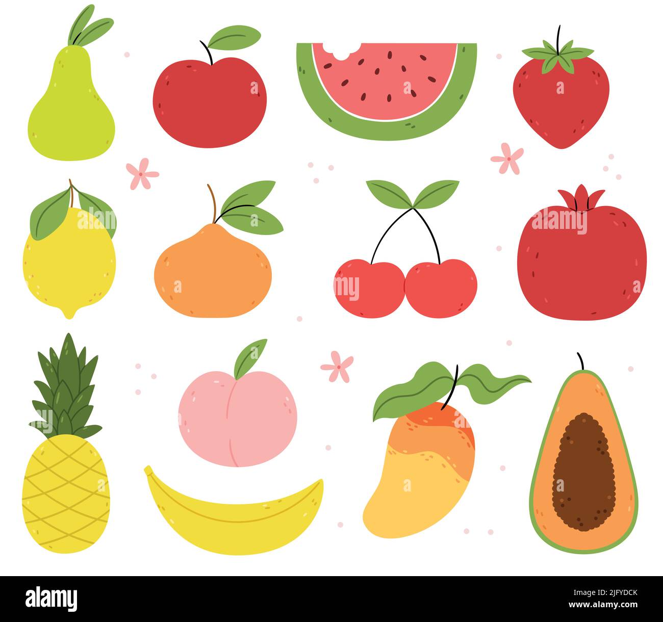 Ensemble de fruits d'été et berries.Organic produits. Pomme, orange, pastèque, fraise, poire, papaye, banane, citron, ananas. Fleurs d'été. Illustration de Vecteur