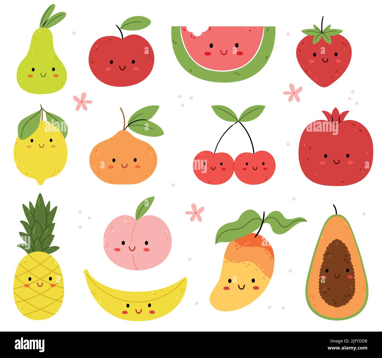 Jeu de caractères de fruits et baies drôles d'été.Illustration pour enfants. Pomme, orange, pastèque, fraise, poire, papaye, banane, citron, ananas Illustration de Vecteur