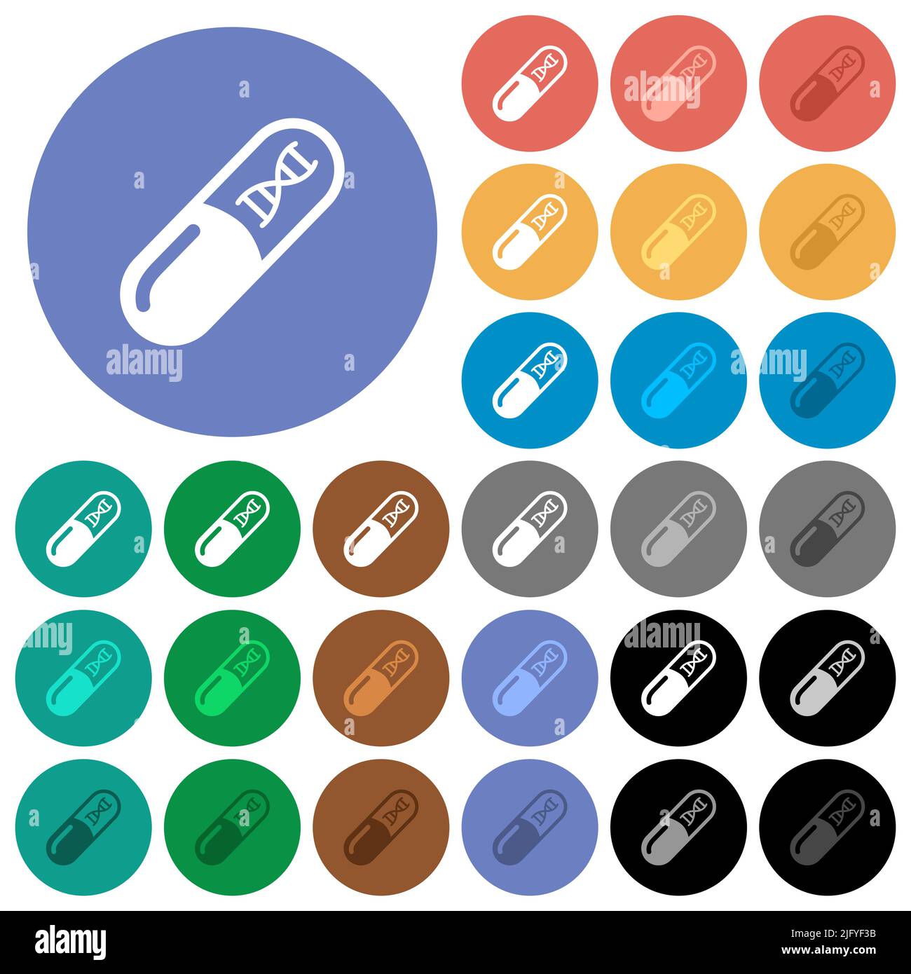 Médecine avec des molécules d'adn multi-couleurs plates icônes sur fond rond. Inclut des variantes d'icônes blanches, claires et sombres pour les États de survol et d'activité e Illustration de Vecteur