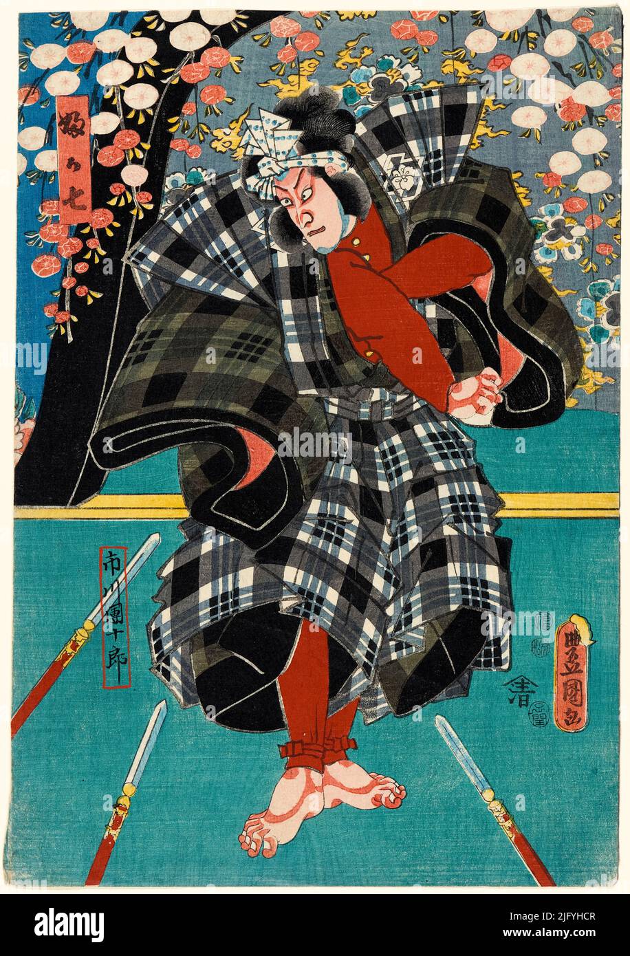 L'acteur, Ichikawa Danjuro, dans a, Plaid Costume, imprimé japonais de coupe de bois d'Utagawa Kunisada, vers 1850 Banque D'Images
