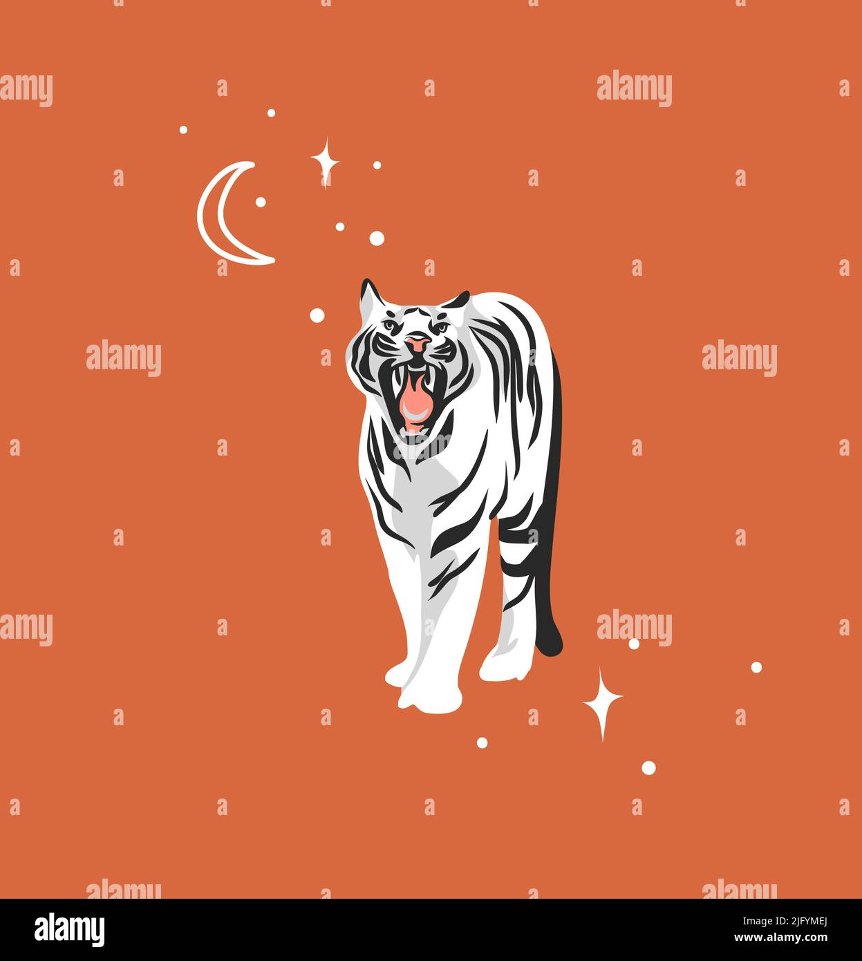 Dessin à la main vecteur résumé stock graphique dessin animé illustration avec beauté mignon céleste tendance faune blanc, lune tigre, lune et étoiles isolées dessus Illustration de Vecteur