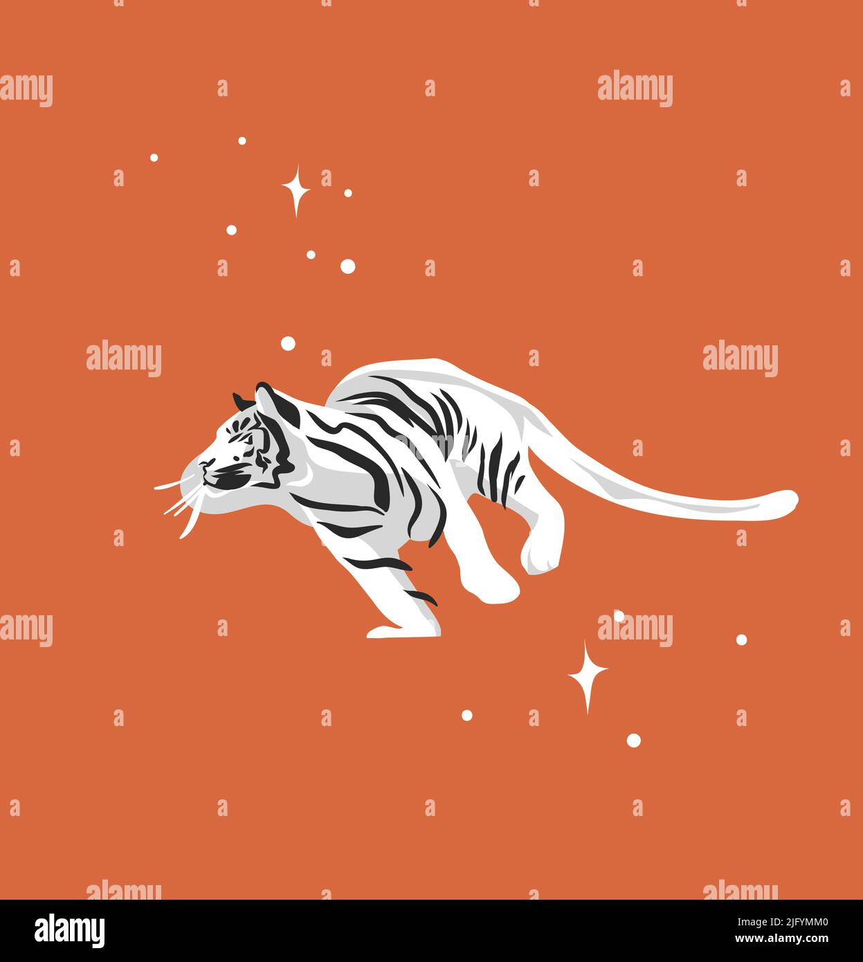Dessin à la main vecteur résumé stock graphique dessin animé illustration avec beauté mignon céleste tendance faune blanc, lune tigre, lune et étoiles isolées dessus Illustration de Vecteur