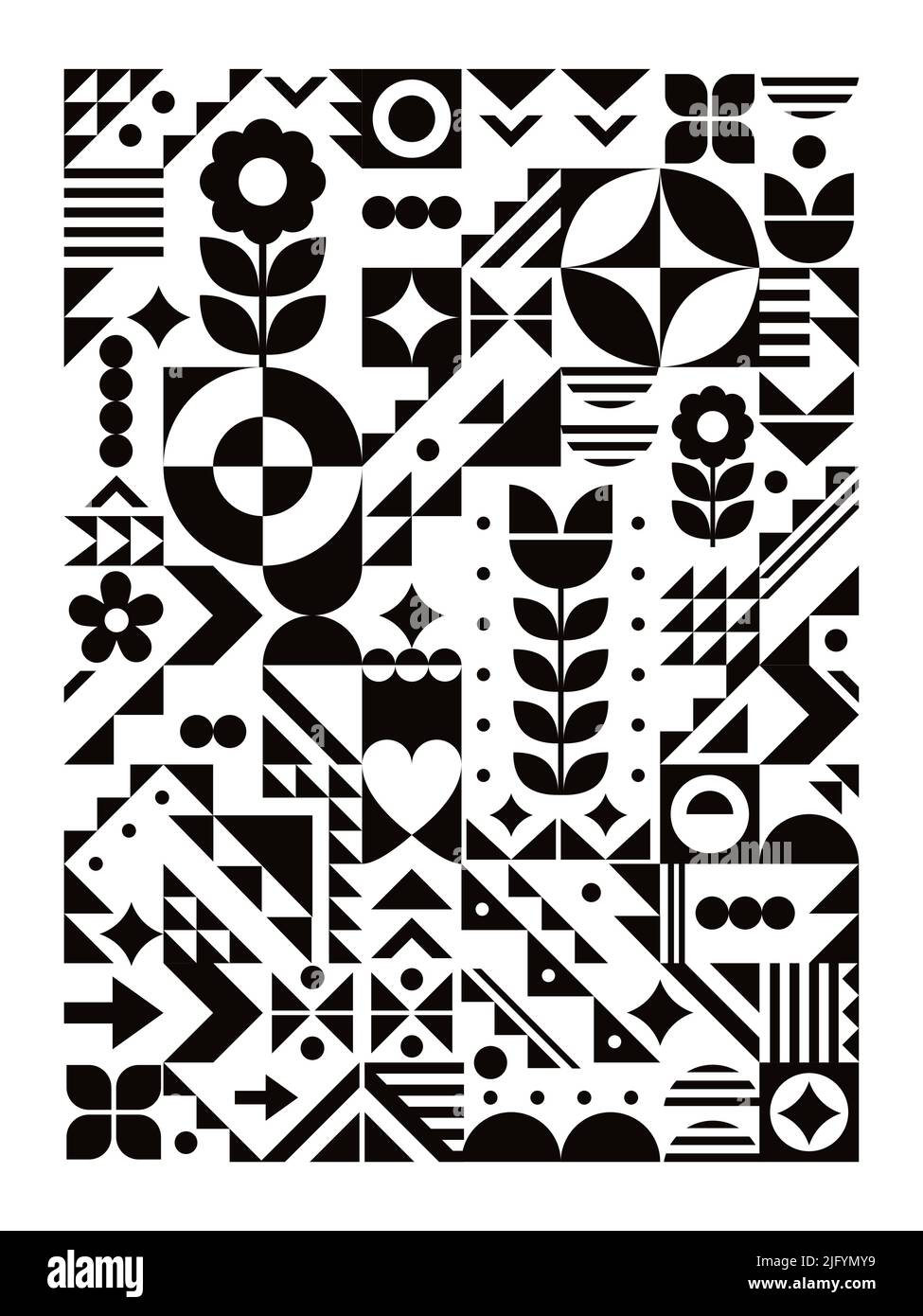 Style Bauhaus Design graphique géométrique graphique original format 18x24 en noir et blanc avec fleurs, triangles, coeur Illustration de Vecteur