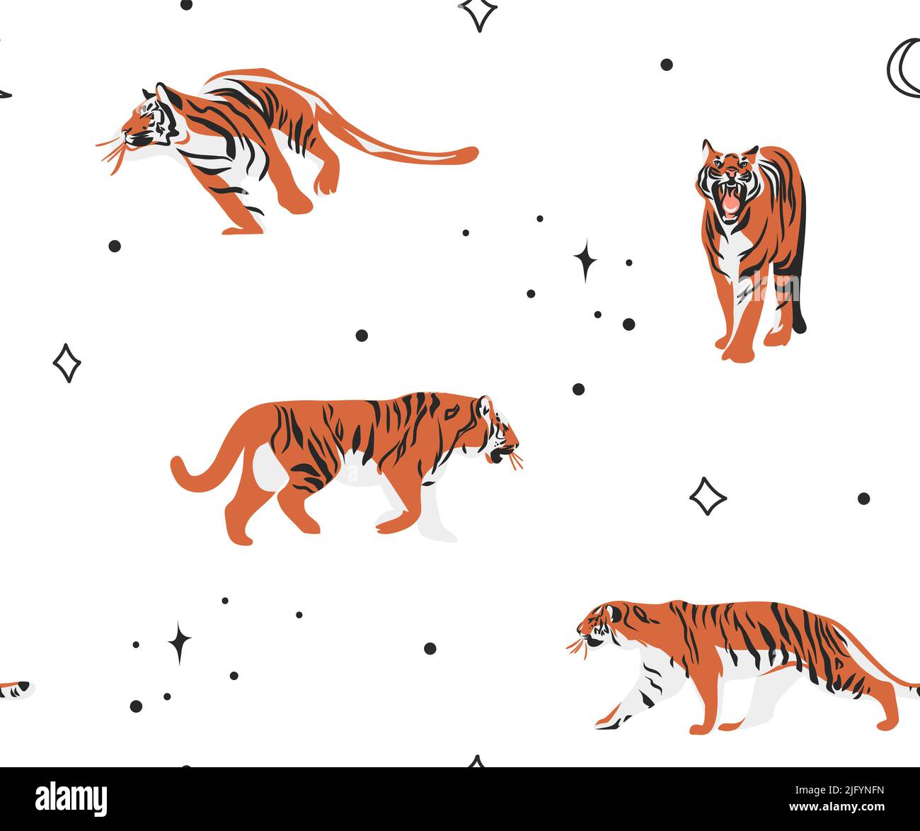 Dessin à la main vecteur résumé stock d'illustrations graphiques modernes, bohème contemporain sans couture imprimé avec sauvage mignon orange tigres animaux lune Illustration de Vecteur
