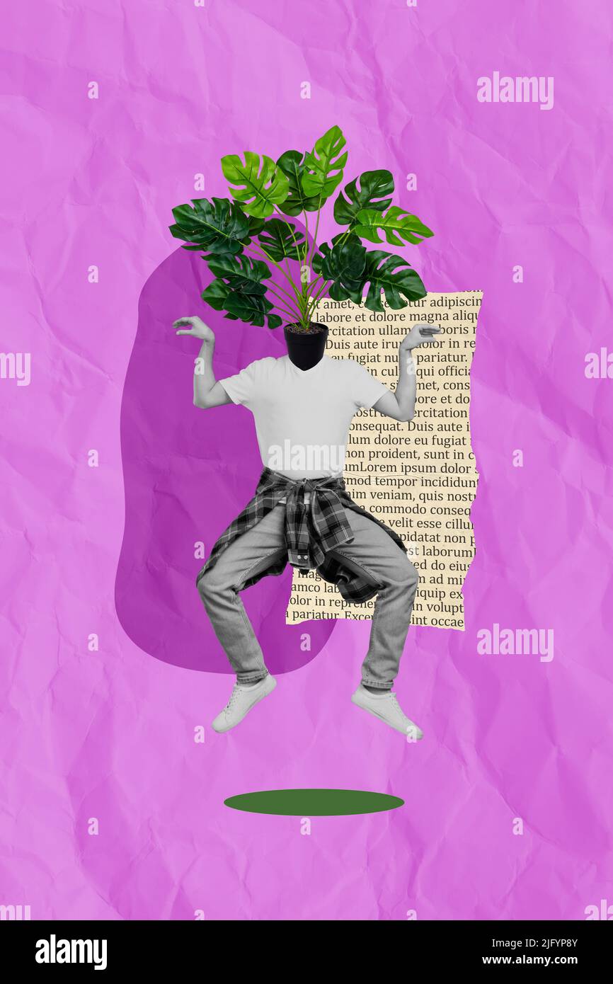 Exclusif minimal magazine sketch collage de l'homme drôle plante au lieu de la tête dansant saut isolé couleur rose fond Banque D'Images