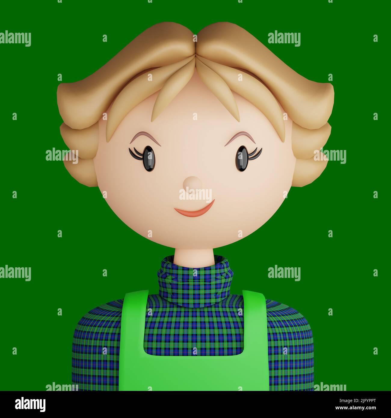 3D illustration de la femme souriante. Dessin animé gros plan portrait d'une jolie femme blonde souriante sur fond vert. 3D Avatar pour ui ux. Banque D'Images
