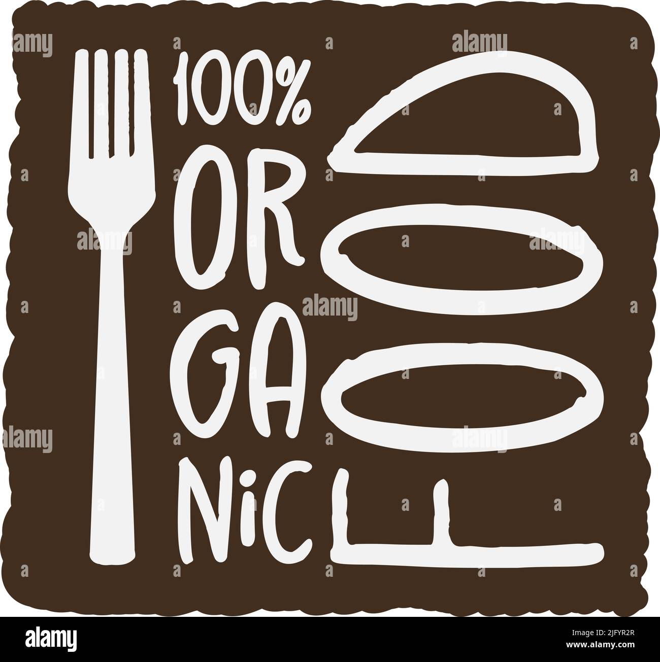 étiquette ou badge d'aliments naturels modernes à 100 % bio avec symbole de fourchette, illustration vectorielle Illustration de Vecteur