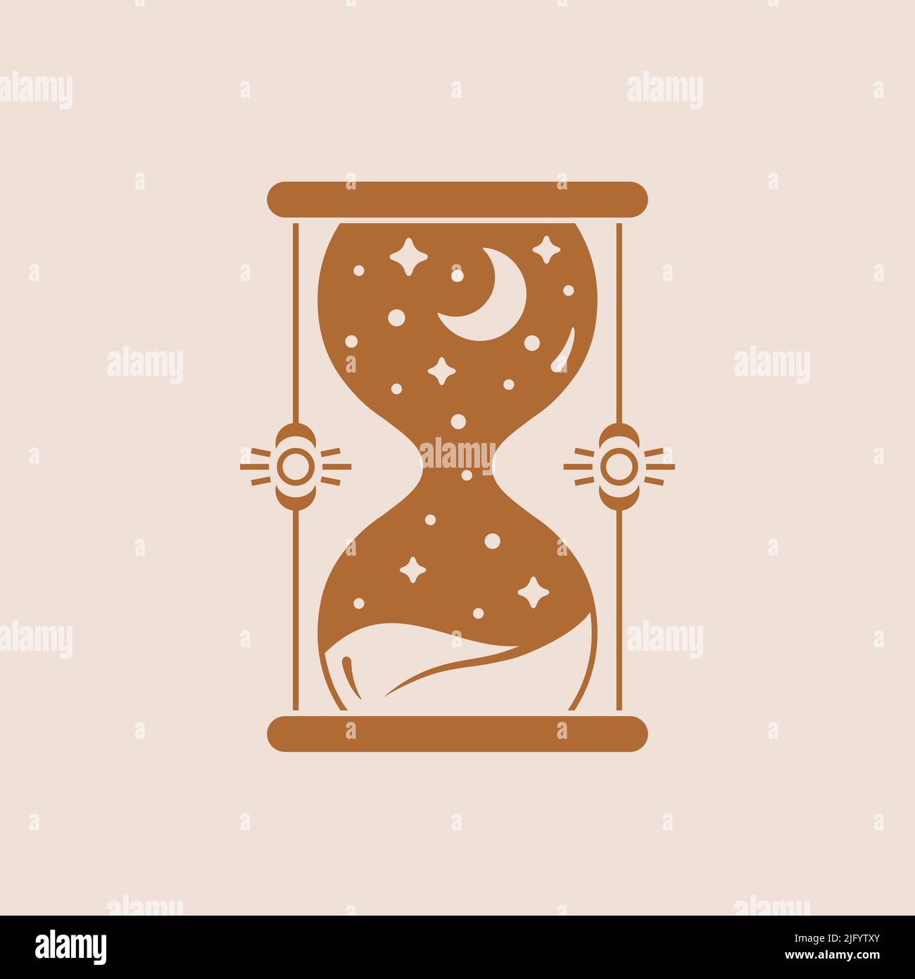 Logo HourGlass. Illustration de boho tendance avec verre de sable, lune et étoiles. Emblème ésotérique à vecteur isolé. Illustration de Vecteur