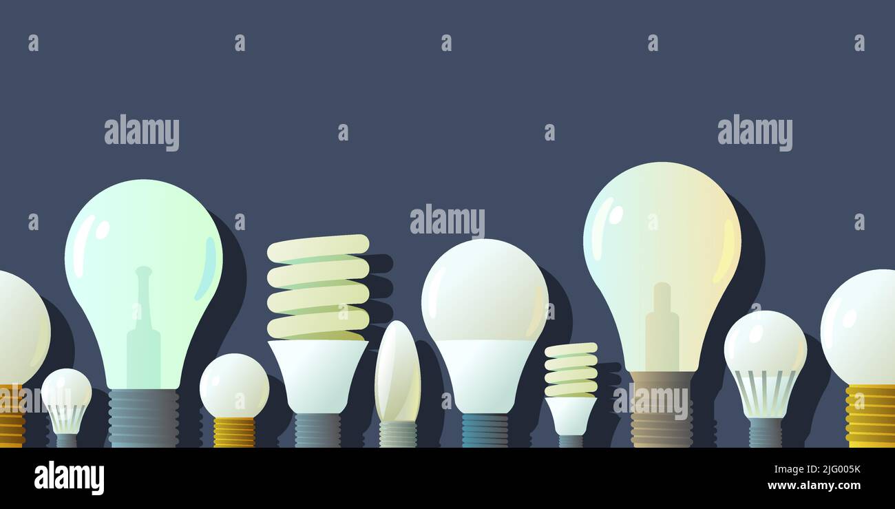 Ampoule électrique en verre. Dispositif d'éclairage. Technologies d'économie d'énergie. Bordure de composition horizontale sans couture inférieure. Vecteur Illustration de Vecteur