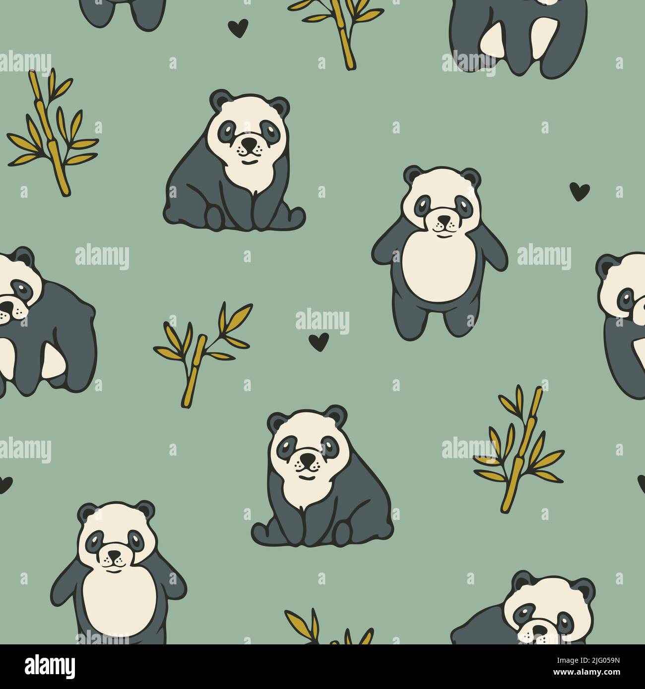 Motif vectoriel sans couture avec de jolis pandas sur fond vert. Papier peint à motif animal de dessin animé simple. Tissu de mode ours en peluche décoratif. Illustration de Vecteur