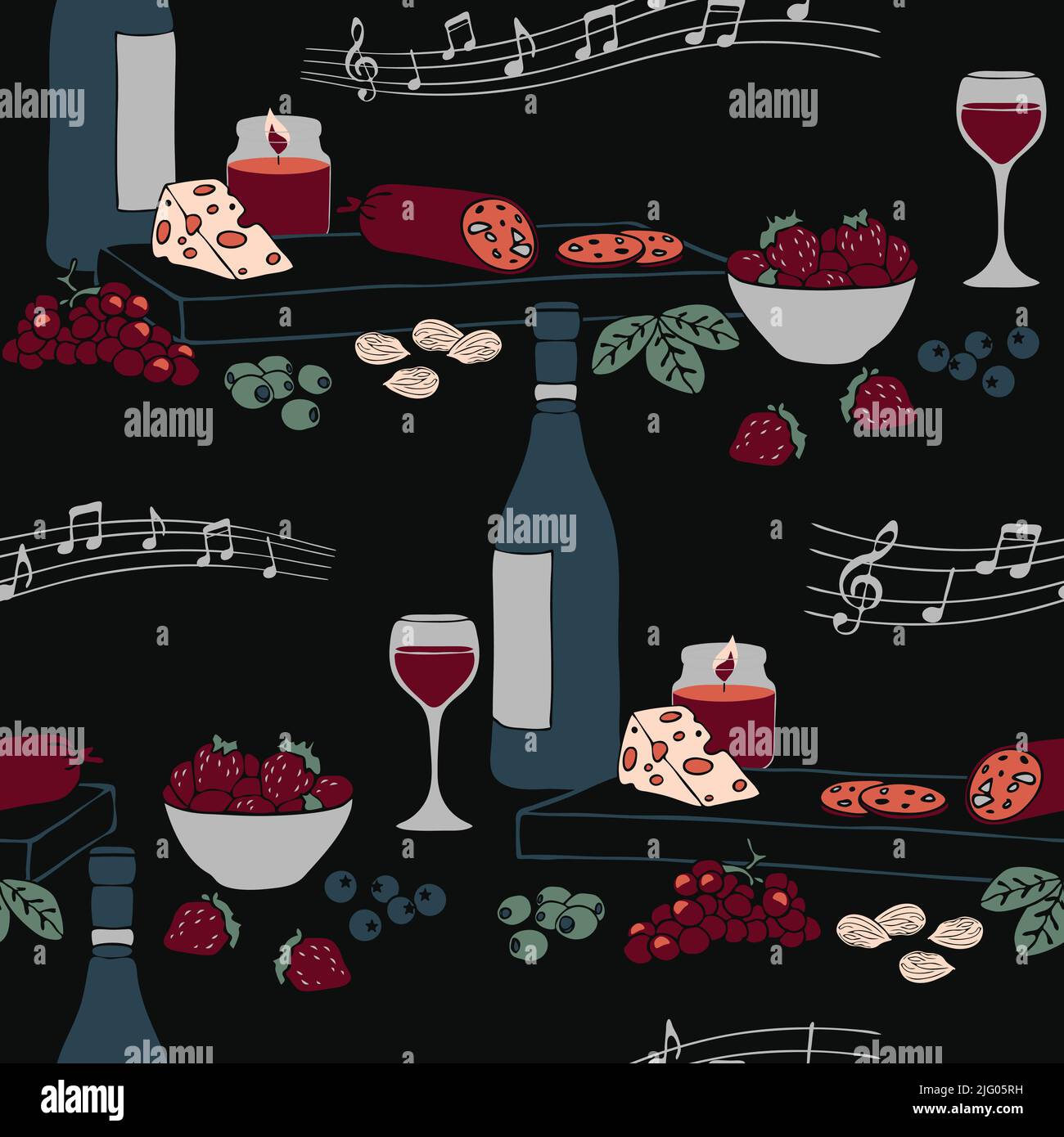 Motif vectoriel sans couture avec plateau de nourriture sur fond noir. Papier peint décoratif pour le vin. Détendez-vous dans le textile de mode. Illustration de Vecteur