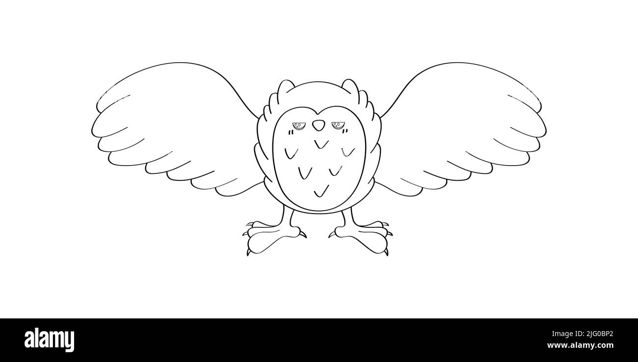 Hibou clipart noir et blanc en style dessin animé. Mignon clip Art coloriage page hibou en vol . Illustration vectorielle d'un oiseau pour autocollants, douche de bébé Illustration de Vecteur