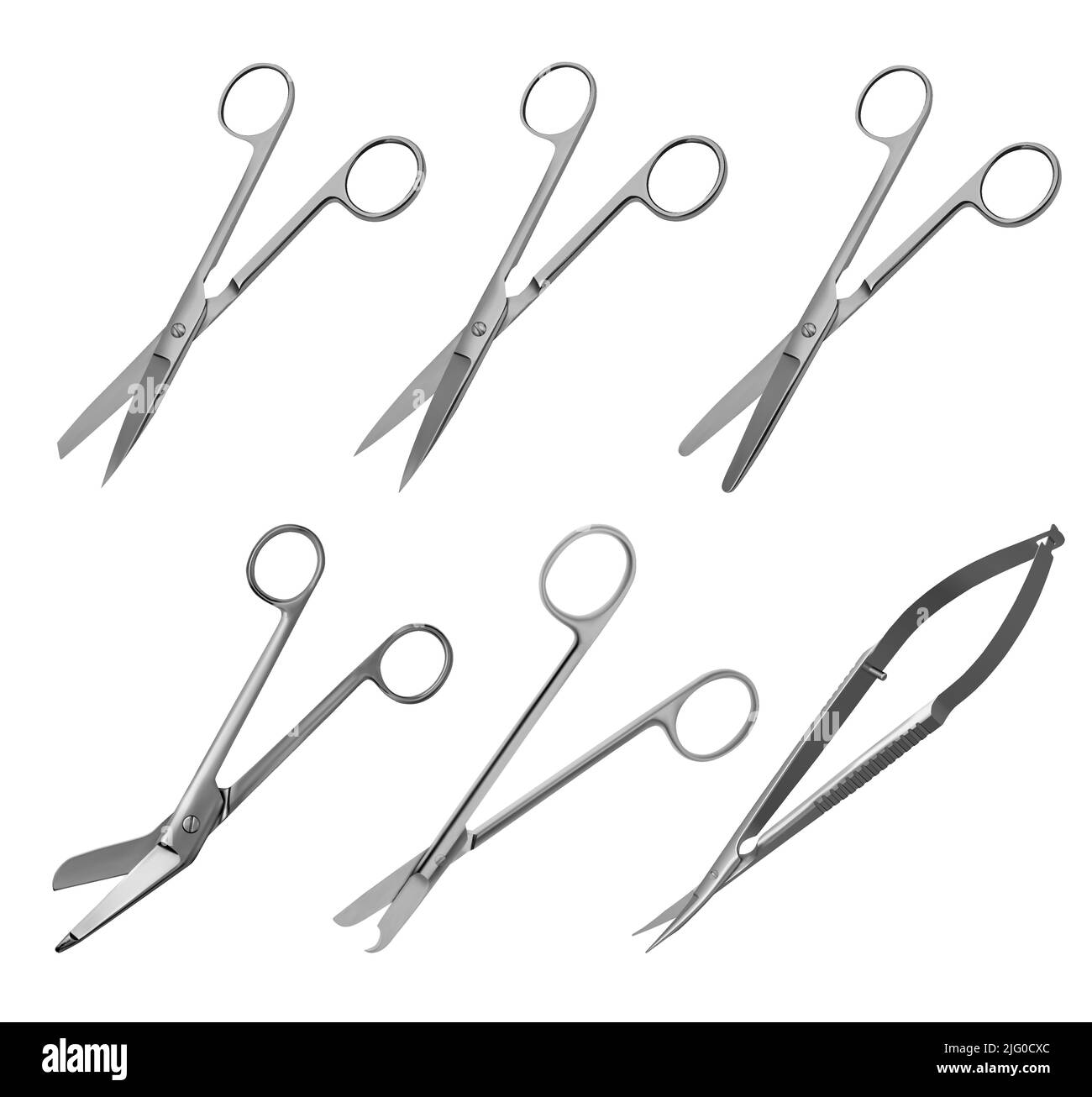 Jeu de ciseaux chirurgicaux articulés avec différentes formes de lames et différents usages. Illustrations vectorielles Illustration de Vecteur