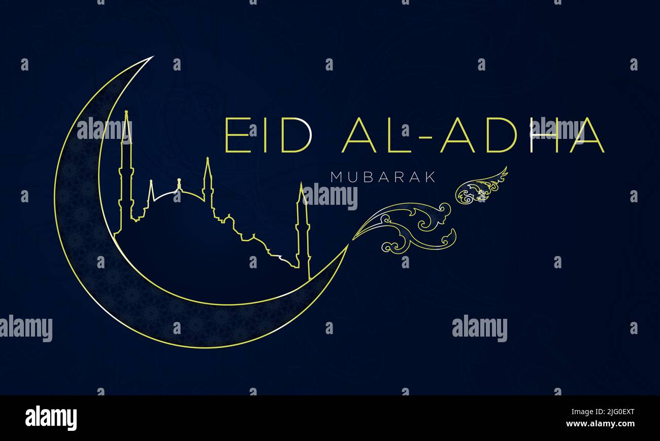 Bannière EID al Adha. Concept d'art de la ligne d'or. Contour de la lune et de la mosquée sur fond sombre à motifs avec la Typographie d'Eid Al Adha. Illustration vectorielle. Illustration de Vecteur