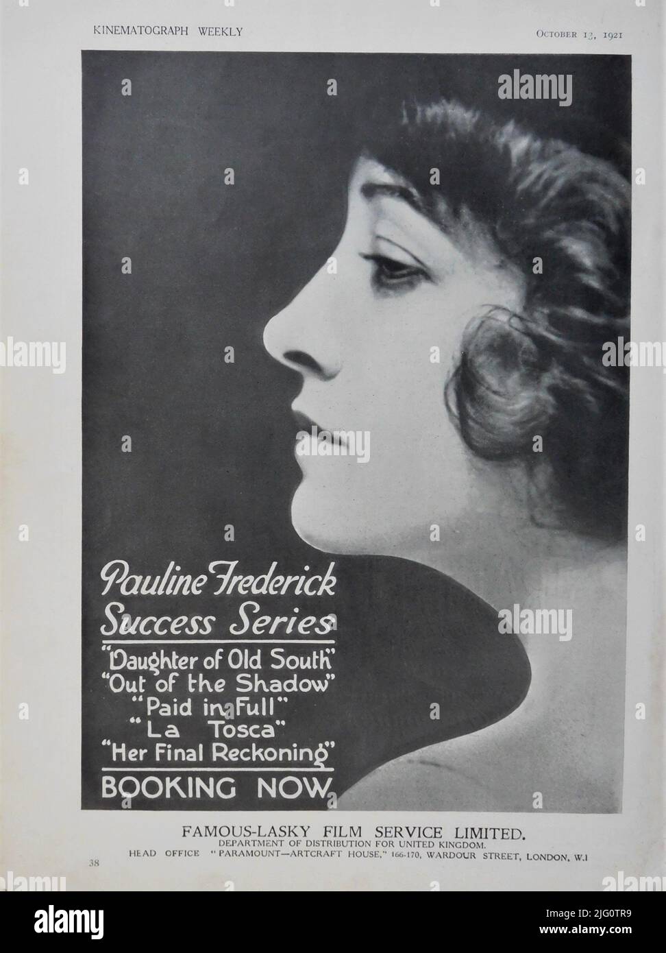 British Trade ad de 1921 pour PAULINE FREDERICK SUCCÈS SÉRIE comprenant fille de l'ancien Sud (1918) Out of the Shadow (1919) payé en plein (1919) la Tosca (1918) et son Reckoning final (1918) de Famous-Lasky film Service Limited / Paramount Pictures Banque D'Images