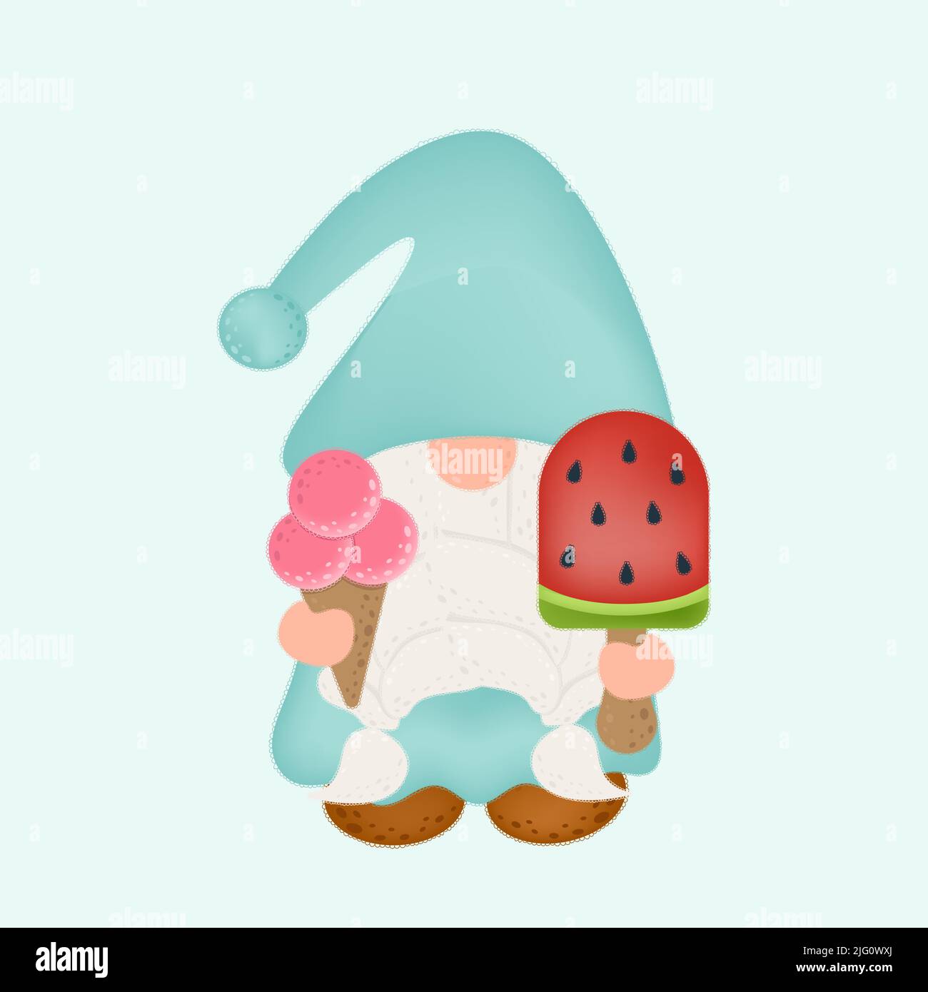 Conception de caractères GNOME Clipart. Adorable Gnome clip Art avec deux crèmes glacées. Illustration vectorielle d'un personnage pour des imprimés pour vêtements, autocollants, bébés Illustration de Vecteur