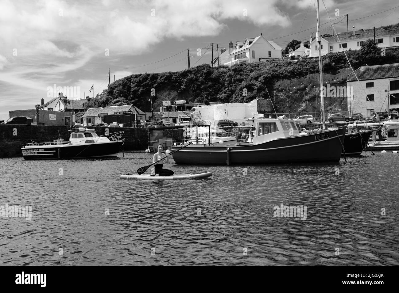 Paddleboard dans le port de Porthleven, Cornouailles Banque D'Images