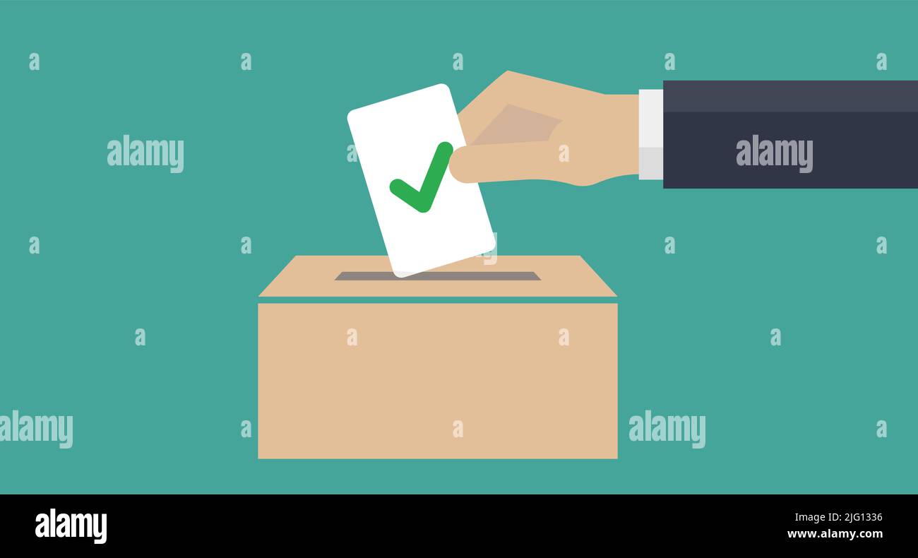 Main d'un homme plaçant un bulletin de vote avec une coche dans l'urne. Politique et élection. Vecteur modifiable. Illustration de Vecteur