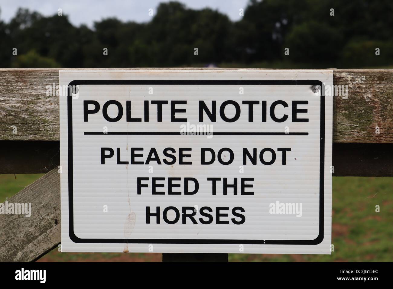 Panneau sur une porte de ferme disant poli avis s'il vous plaît ne pas nourrir les chevaux Banque D'Images
