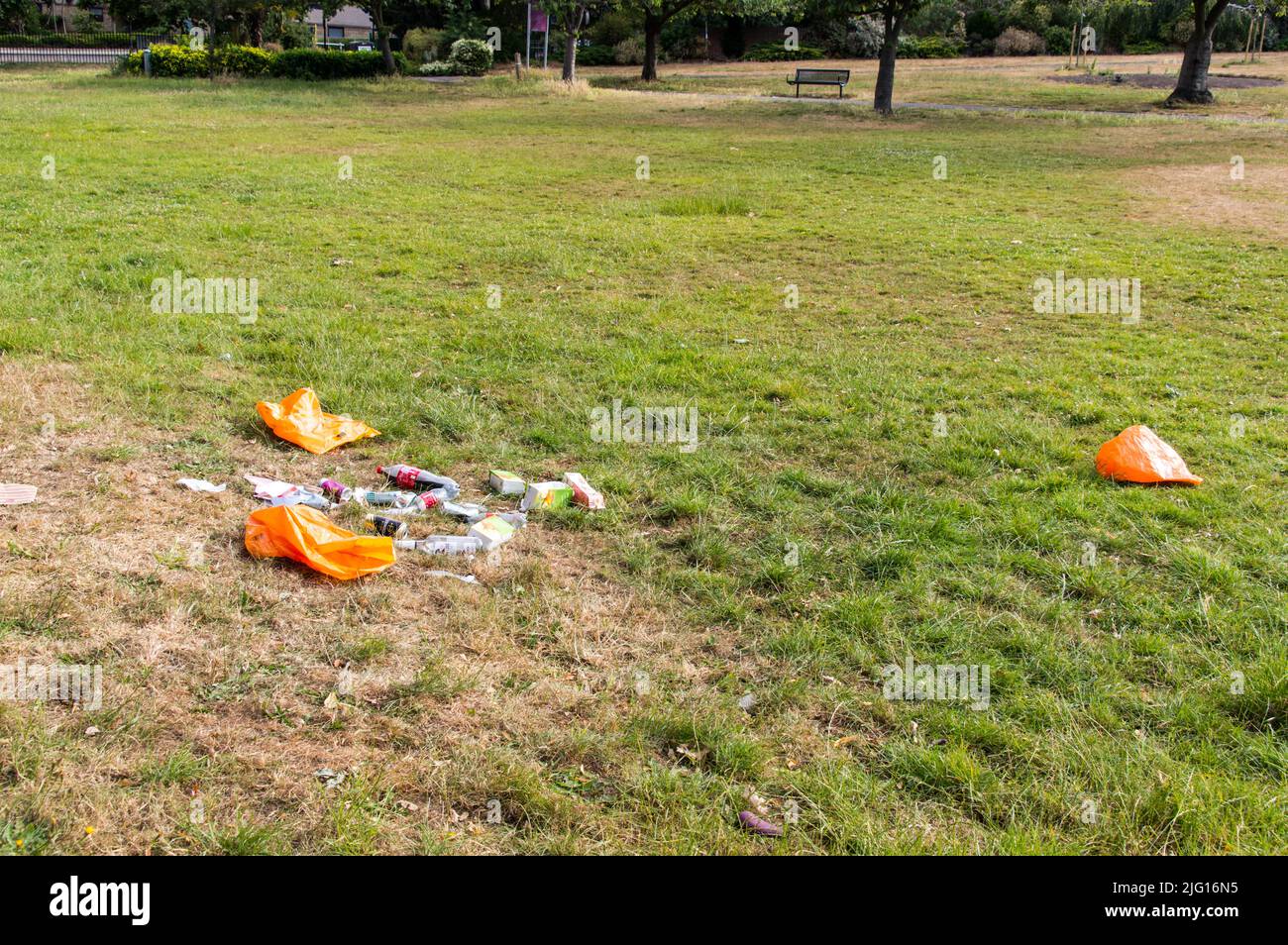 Déchets laissés dans le parc, y compris les bouteilles d'alcool Banque D'Images