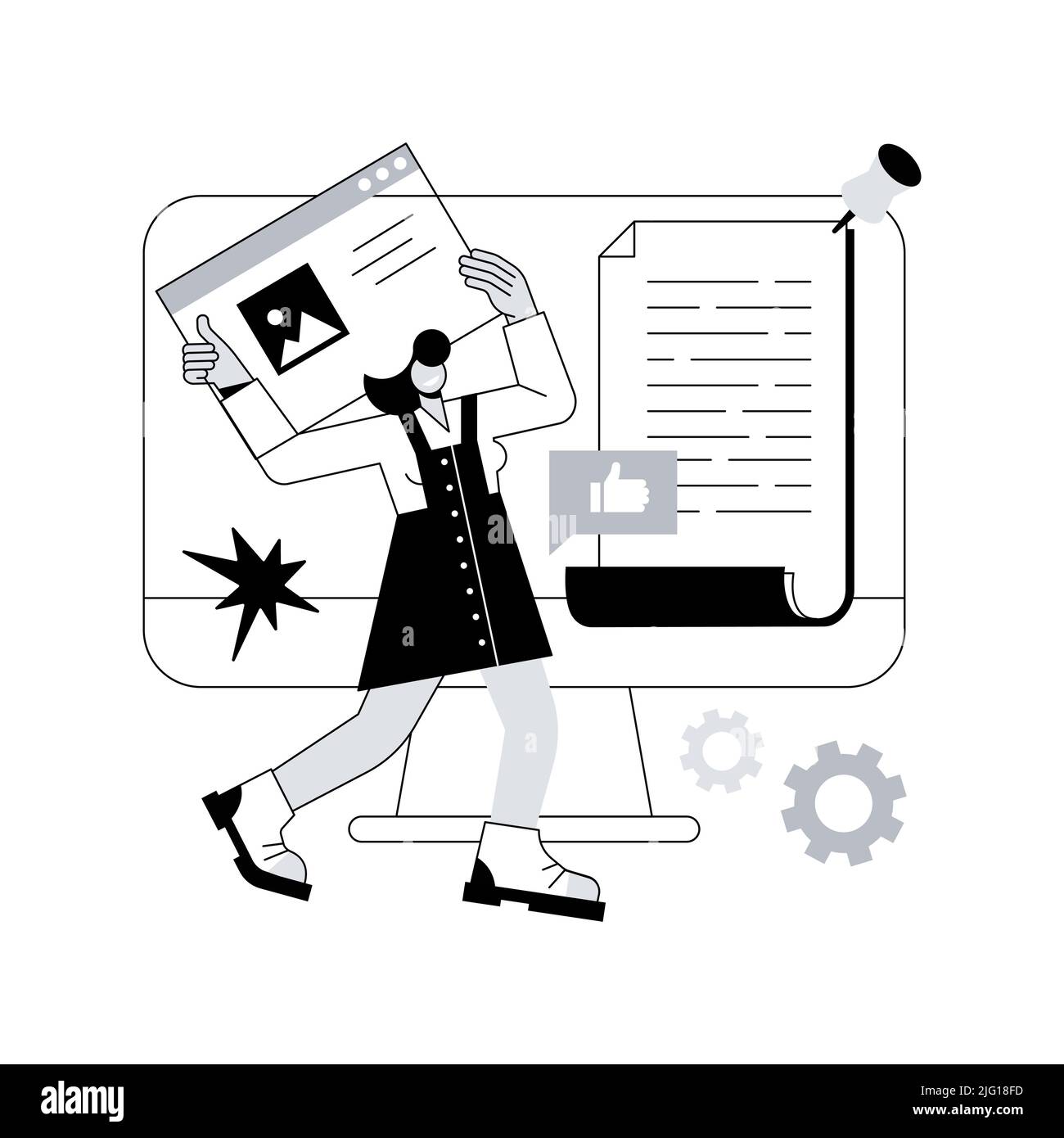 Appuyez sur l'illustration du vecteur de concept abstrait. Presse à propos de nous, articles et publications, mentions d'entreprise, élément de la barre de menu du site Web, UI, nouvelles d'entreprise, page d'arrivée, métaphore de l'interface abstraite. Illustration de Vecteur