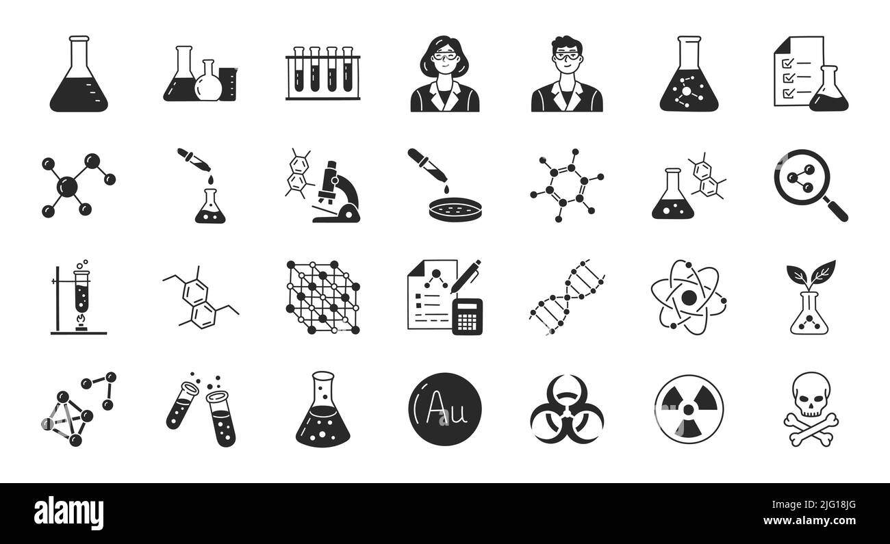Illustration de la composition chimique avec icônes plates : flacon, tube de laboratoire, scientifique, propulseur, boîte de Petri, bécher, expérience, biotechnologie. Glyphe Illustration de Vecteur