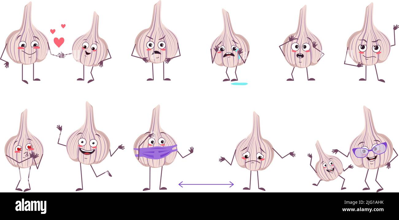 Ensemble de personnages d'ail mignons avec des émotions, des visages drôles et tristes, des bras et des jambes. Des héros heureux dans l'amour, les légumes jouent, dansent, gardent leur distance. Source de vitamines. Illustration vectorielle plate Illustration de Vecteur