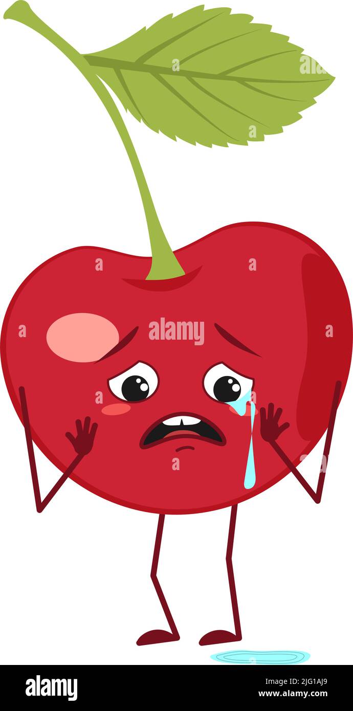 Mignonne cerisier avec pleurs et larmes émotions, visage, bras et jambes. Le drôle ou triste héros, baie. Illustration vectorielle plate Illustration de Vecteur