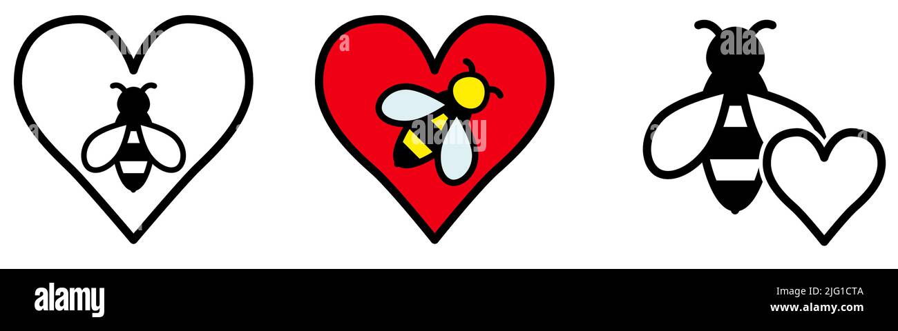 Icône d'abeille simple en symbole de coeur, différentes versions Illustration de Vecteur