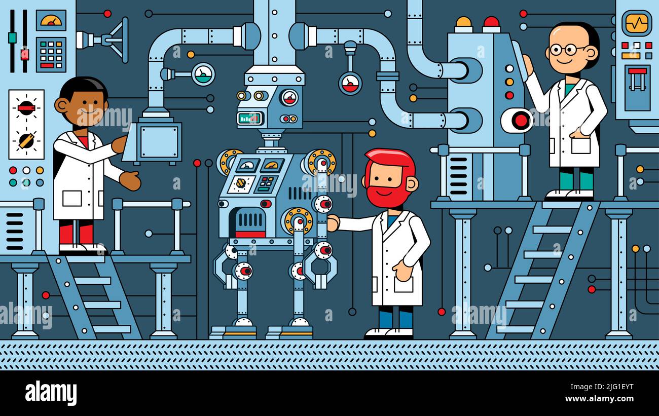 Les scientifiques du laboratoire réparent et ajustent le robot Illustration de Vecteur