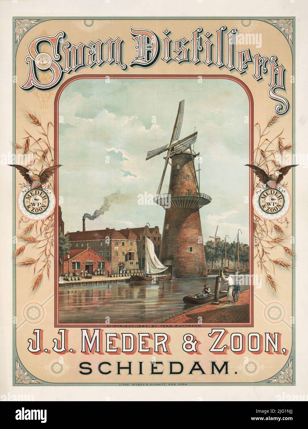 1884 annonce pour Swan Distillery, J. J. Meder et Zoon, Schiedam. Lithographie par Witsch & Schmitt Banque D'Images