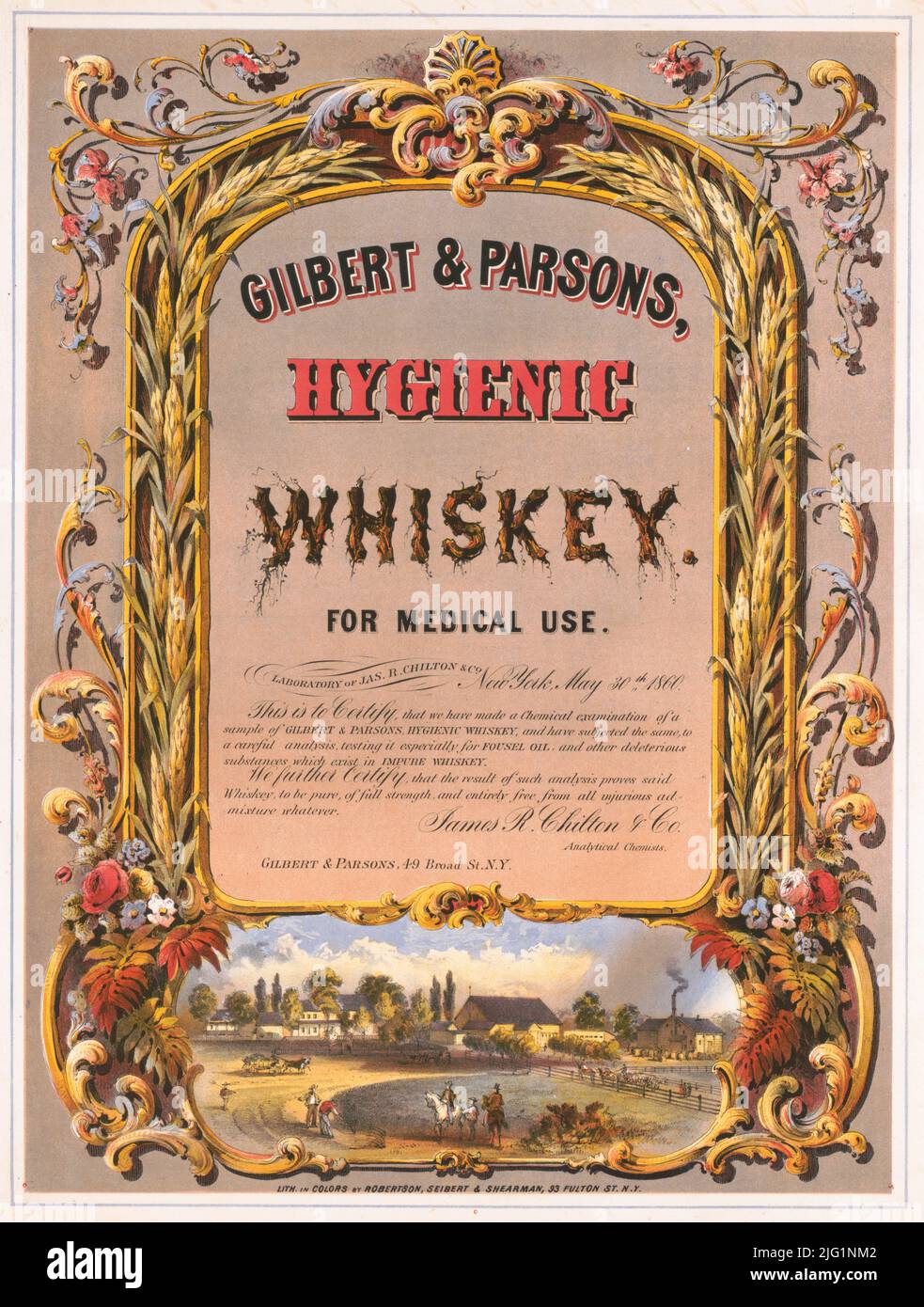 1860 annonce pour Gilbert & Parsons Hygenic Whiskey for Medical Use, New York. Lithographie de Robertson, Seibert et Shearman Banque D'Images