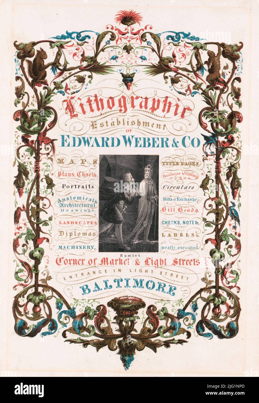 1850 annonce pour l'établissement lithographique d'Edward Weber & Company, Baltimore, Maryland. Banque D'Images